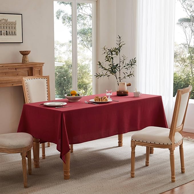 Linen Tablecloth for Rectangle Table, 60x104 Inch Burgundy, Farmhouse Style Red Tablecloth, Water Resistant Burlap Tablecloths for Dining Table Farmhouse Kitchen