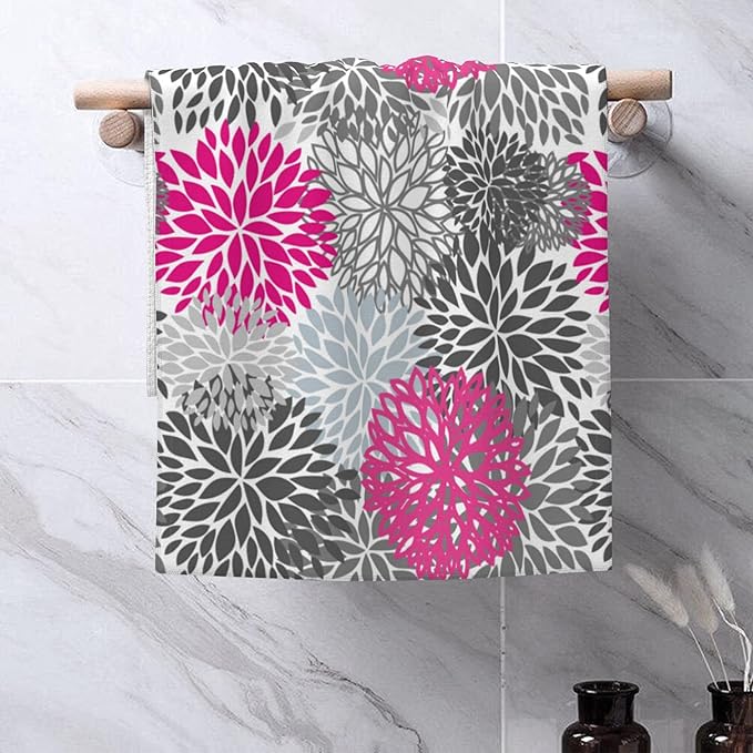 Dahlia Flower Hand Towel,Pink Floral Hand Bath Towels Set of 2 Dish Towels Soft Absorbent Decorative Hand Towels for Bathroom Kitchen Yoga Home Decor 14 x 28 in