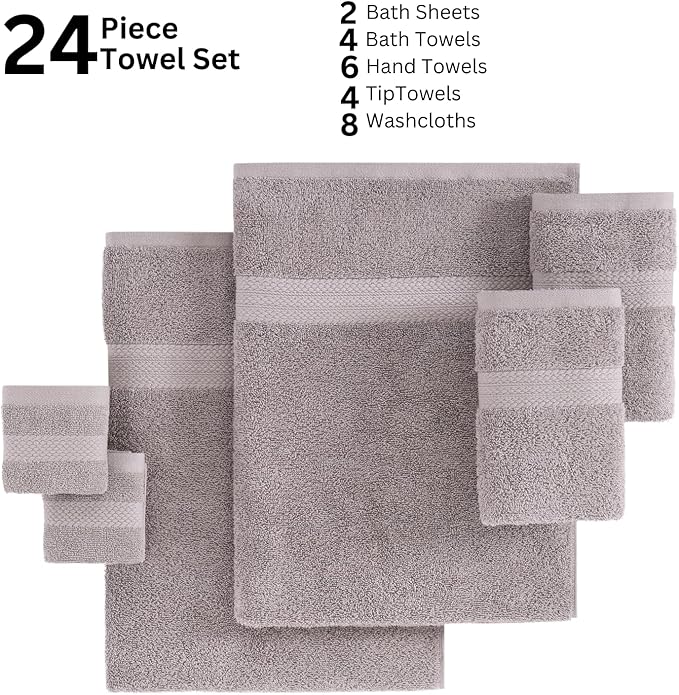 Lane Linen Everyday Luxury Bath Towels Set - 24 PCs - 100% Ring Spun Cotton Towels Set - Durable, Ultra Soft, Absorbent & Long Lasting Towels For Family - Housewarming Gift - Fade Resistant - Platinum