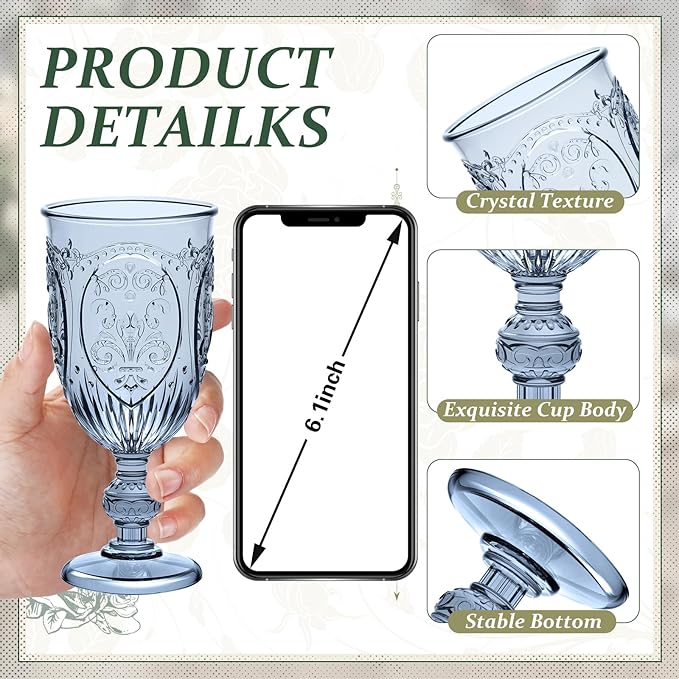 100 Pcs Plastic Goblets 7.5oz Vintage Goblet Plastic Wine Glasses Colored Retro Embossed Water Goblets for Wine Bar Juice Baby Shower Wedding Reception Grand Event Party (Blue)