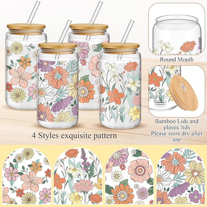Mumufy 4 Pcs Gift for Women Bohemian Flower Cute Glass Cup Tumbler Boho Floral Iced Coffee Mugs 16 oz Glass with Bamboo Lid & Straw, Mothers Day Birthday Gift for Mom Sister Bridesmaid Baby Shower