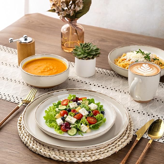 AmorArc 18 Pieces Ceramic Dinnerware Sets for 6, Handpainted Stoneware Plates and Bowls Set with Rustic Terracotta Underside, Scratch Resistant Dishes Set, Dishwasher & Microwave Safe