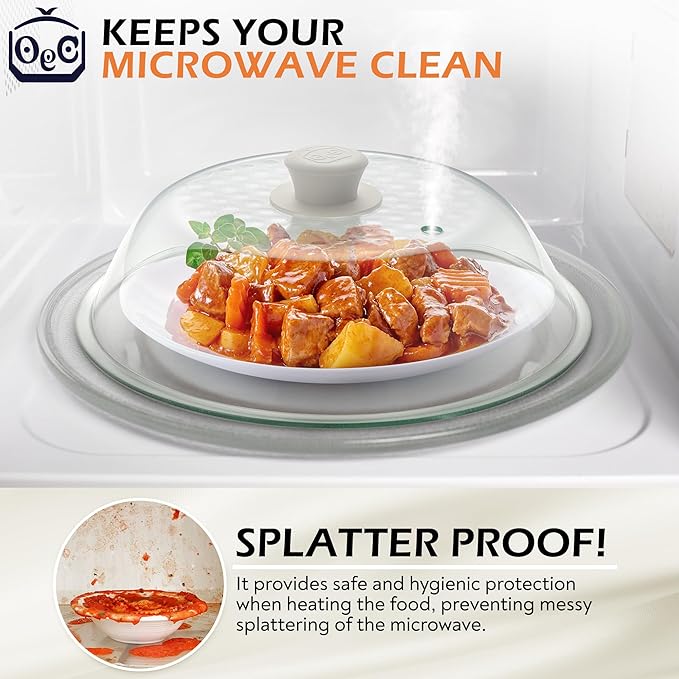 OEC Lighter Weight Tempered Glass Microwave Splatter Cover - 10 inch - Heat-Resistant & Impact-Resistant, Reinforced Glass Lid with Vent, Silicone Knob, Dishwasher Safe, 100% Food Grade - BPA Free
