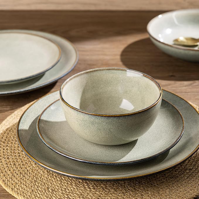 AmorArc Ceramic Dinnerware Sets for 4, 12 Pieces Handpainted Stoneware Plates and Bowls Set, Scratch Resistant Dishes Set, Dishwasher & Microwave Safe, Reactive Color