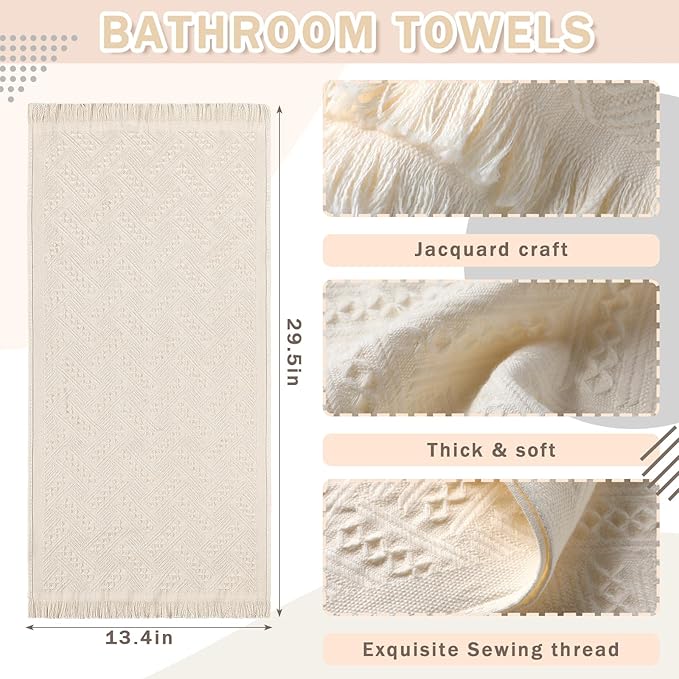 4 Pack Boho Bathroom Hand Towel 14 x 30 Inch 100% Turkish Cotton Decorative Boho Kitchen Hand Towel Farmhouse Bathroom Decor Set Absorbent Soft Guest Tea Gift(Cream White)