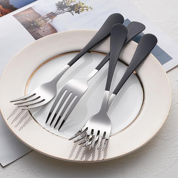 Black Dinner Fork, 18/0 Black handle Stainless Steel Satin Finish 8.1-inch Silverware Flatware Fork Set, Set of 24, Dishwasher Safe
