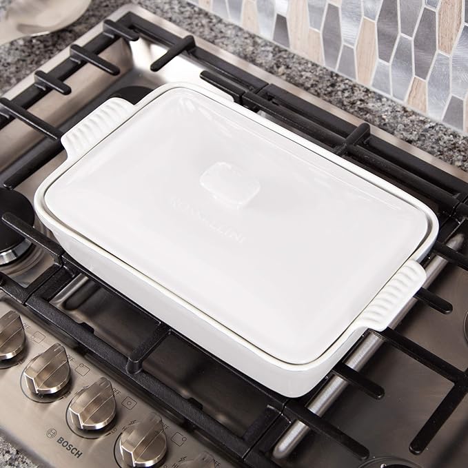 Stoneware Casserole Dish Bakeware Set with Lid, Covered Rectangular Dinnerware, Extra Large 4.23 Quart, 13 by 9 Inch, Bianco [White]
