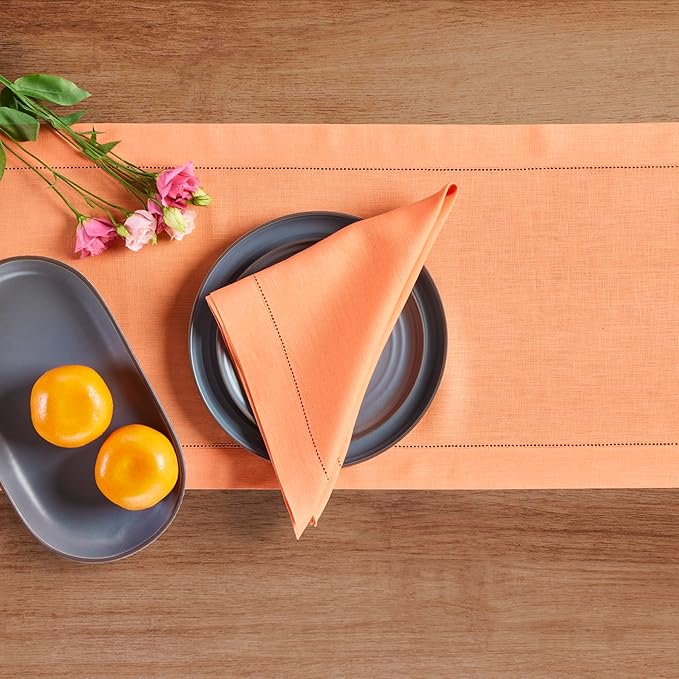 Solino Home Linen Coral Table Runner 108 Inches Long - 100% Pure Linen Hemstitch 14 x 108 Inch Table Runner for Dining - Classic Hemstitch