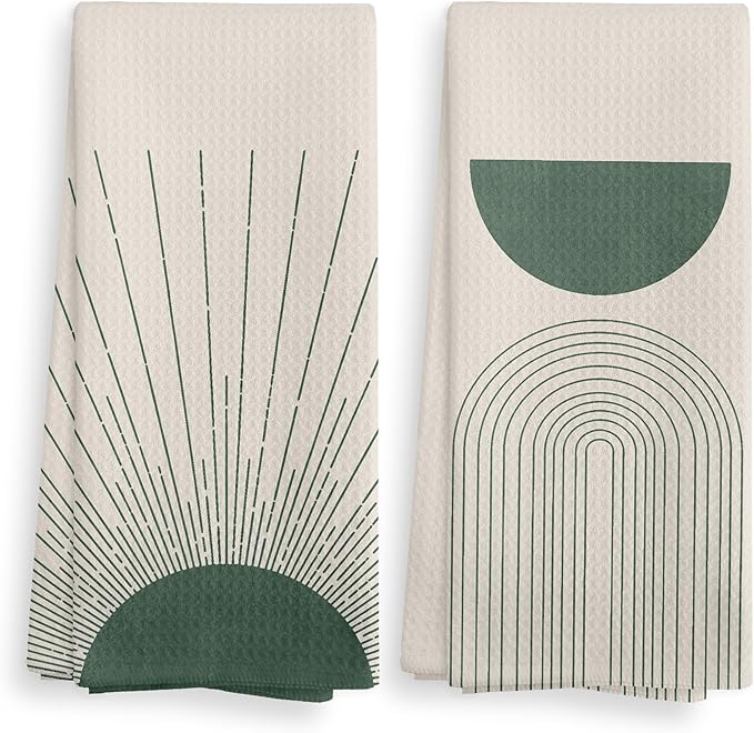 Beige Green Abstract Sunrise Kitchen Towels and Dishcloths Set of 2, Bohemian Sun Decorative Towels, Green Moon Drying Cloth Hand Towels for Bohemian Bathroom Kitchen Decor, 16×24 Inches
