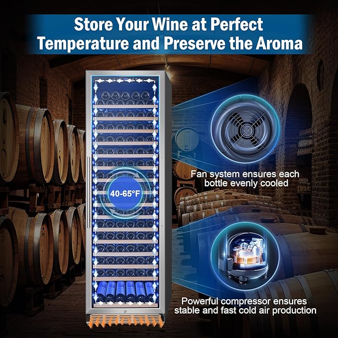 Wine Fridge 24 Inch, 190 Bottles Freestanding or Built-in Wine Cooler Refrigerator with Sliding Rail Shelves, Professional Wine Cellar Low Noise with Upgraded Reversible Door