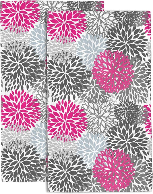 Dahlia Flower Hand Towel,Pink Floral Hand Bath Towels Set of 2 Dish Towels Soft Absorbent Decorative Hand Towels for Bathroom Kitchen Yoga Home Decor 14 x 28 in