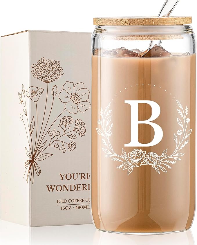 Personalized Gifts for Women, Monogrammed 16oz Glass Cups with Bamboo Lids and Straws, Customized Glass Tumbler, Cute Custom Mug, Customizable Initial Iced Coffee Glasses, Birthday Bridesmaid Mom, B