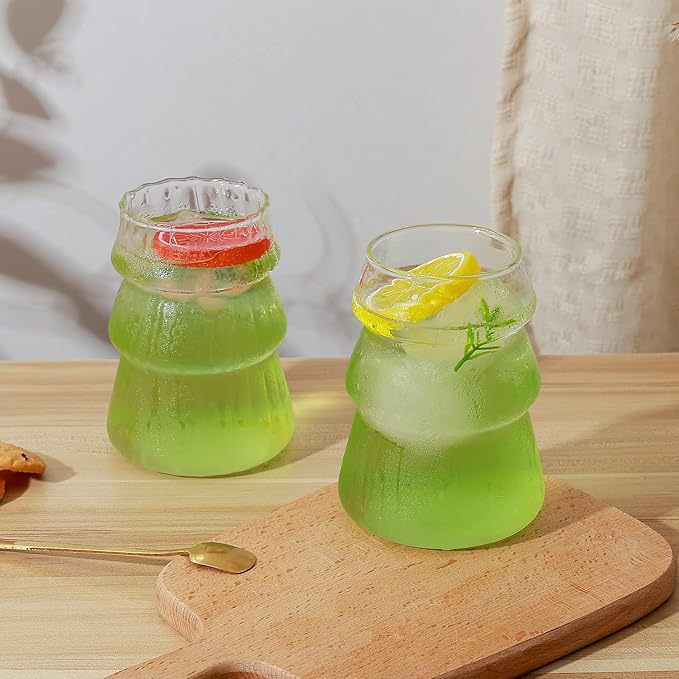 Koythin 2-Piece Ribbed Glass Cups, Vintage Drinking Glassware for Iced Coffee Juice Cocktails Milk Tea Beer, 16 oz/450 ml Cute Bubble Cup (Trees)