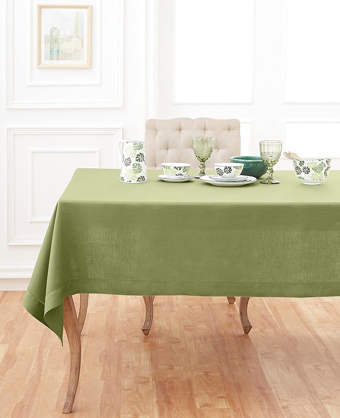 Solino Home Square Linen Tablecloth 52 x 52 Inch - 100% Pure Linen Moss Green Table Throw - Classic Hemstitch, Machine Washable Table Cloth for Winter