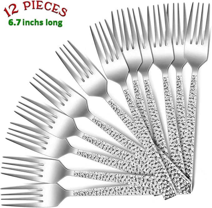Salad Forks Set of 12, E-far 6.7 Inch Stainless Steel Hammered Dessert Forks for Home, Kitchen or Restaurant, Non-toxic & Mirror Polished, Squared Edge & Dishwasher Safe