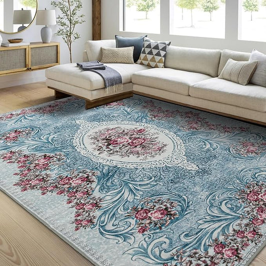 Easy-Going Area Rug 6x9 Washable Floral Rugs for Living Room Non-Slip Bedroom Rug Low Pile Lightweight Retro Flowers Throw Rug for Dining Room Kitchen Home Office Carpet, Teal Red