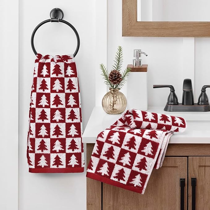 Jacquotha Christmas Hand Towels for Bathroom - 4-Piece Red Checkered & Tree Kitchen Towels, Festive Decor and Everyday Use, Cotton, 13” x 29”