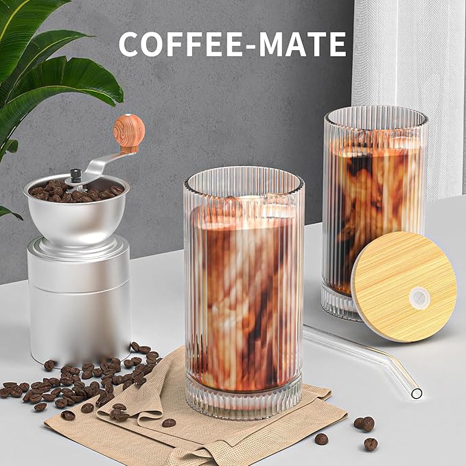 15 Oz Glass Cups with Lid and Straw, Iced Coffee Cups with Lid, Vintage Glassware for Whiskey Cocktail Beer (2 PACK)