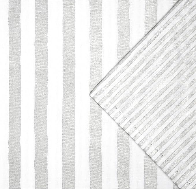 Kate Spade New York Hand Painted Shirting Stripe Reversible Table Runner, 100% Cotton with Metallic Print, Silver/White, 15"x72"