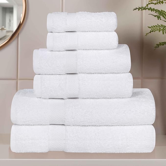 Superior 6-Piece Cotton Assorted Towel Set, Includes 2 Face/Washcloths, 2 Hand, and 2 Bath Towels, Lightweight Essentials, for Home, Gym, Beach, Bathroom, Quick Drying, Franklin Collection, White