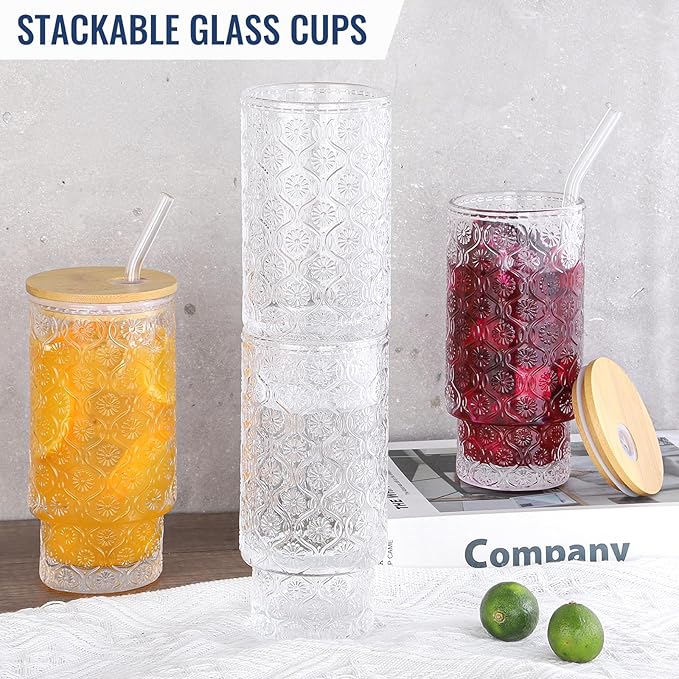 16 Oz Glass Cups Set of 2, Vintage Embossed Floral Glass Tumbler, Iced Coffee Cups with Lid, for Whiskey Cocktail Beer (2 PACK)