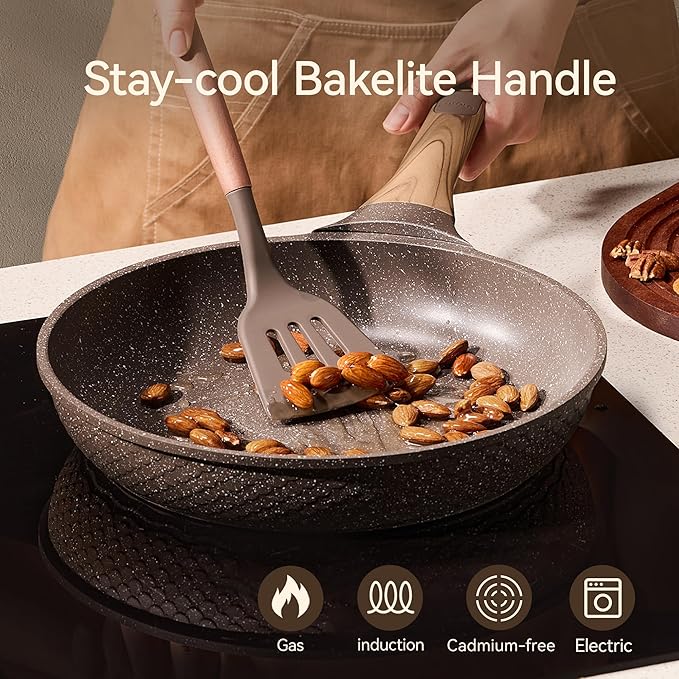 CAROTE Non Stick Frying Pan Skillet Set, Omelet Pan, Healthy Non Toxic Granite Chef Pan, Induction Compatible Egg Frying Pan with Heat-Resistant Handle, PFOA-Free,Brown,9.5"+11"