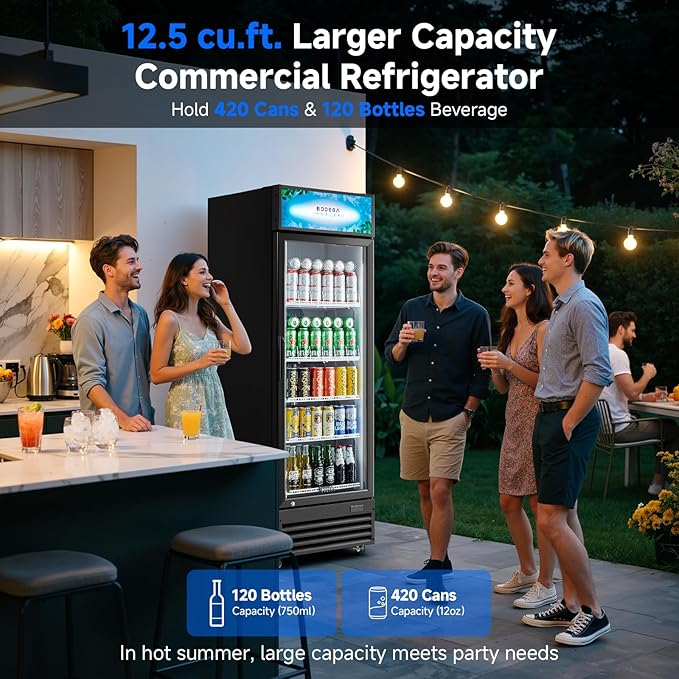 BODEGACOOLER Commercial Beverage Refrigerator, 12.5 Cu. Ft Black Commercial Merchandiser Refrigerator, LED Light/Adjustable Shelves,Upright Large Display Refrigerator For kitchen/Office/Home/Garage.