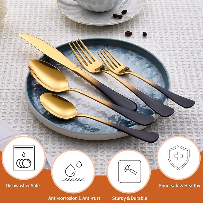 20 Piece Black Gold 18/0 Flatware Utensil Set for 4, Include Dinner Knife,Dinner Forks,Dinner Spoons,Salad Forks,Teaspoons,Silverware Set for 4, Dishwasher Safe