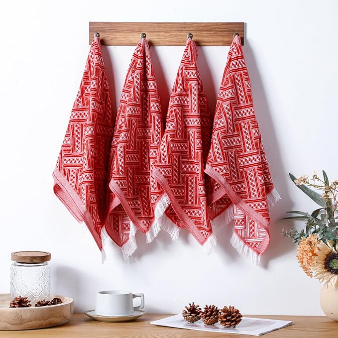 4 Pack Boho Bathroom Hand Towel 14 x 30 Inch 100% Turkish Cotton Decorative Boho Kitchen Hand Towel Farmhouse Bathroom Decor Set Absorbent Soft Guest Tea Gift(Red,White)