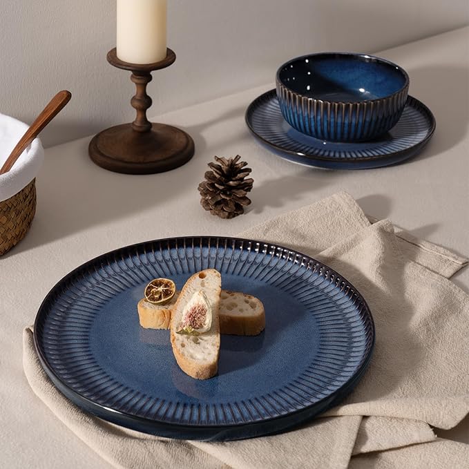 Famiware Starlight Plates and Bowls Dishes Set of 8 (24 Pieces), Ribbed Textured Stoneware Dinnerware Sets- Dishwasher & Microwave Safe, Chip & Scratch Resistant, Starry Blue