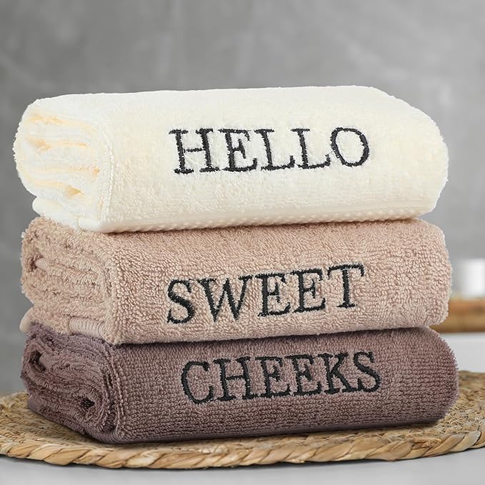 3 Pcs Farmhouse Decorative Hand Towels for Bathroom and Kitchen Rustic Embroidered 100% Cotton Hand Towels Decorative Set for Boho Bathroom Decor(Brown,Hello Sweet Cheeks)