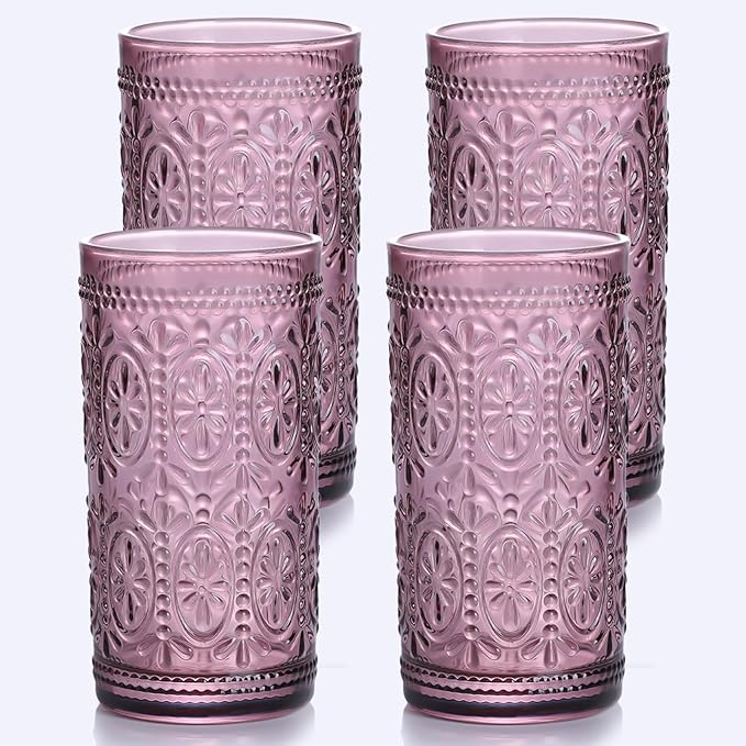 Purple Drinking Glasses Set of 4, Vintage Drinking Glasses, Colored Glassware Drinking, Highball Beverage Glasses Cup, Vintage Glassware Set for Water, Juice, Cocktail, Coffee