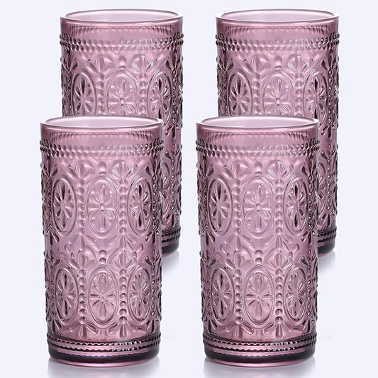 Purple Drinking Glasses Set of 4, Vintage Drinking Glasses, Colored Glassware Drinking, Highball Beverage Glasses Cup, Vintage Glassware Set for Water, Juice, Cocktail, Coffee