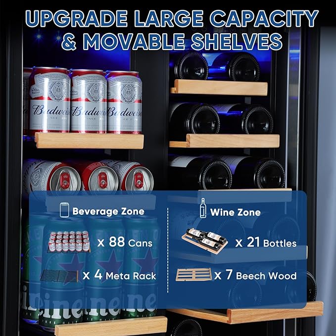 Wine and Beverage Refrigerator 24", Upgraded Dual Zone Wine Beverage Cooler with Glass Door and French Door, Large Capacity Beer Fridge Holds 21 Bottles & 88 Cans, Built-In or Freestanding - Black