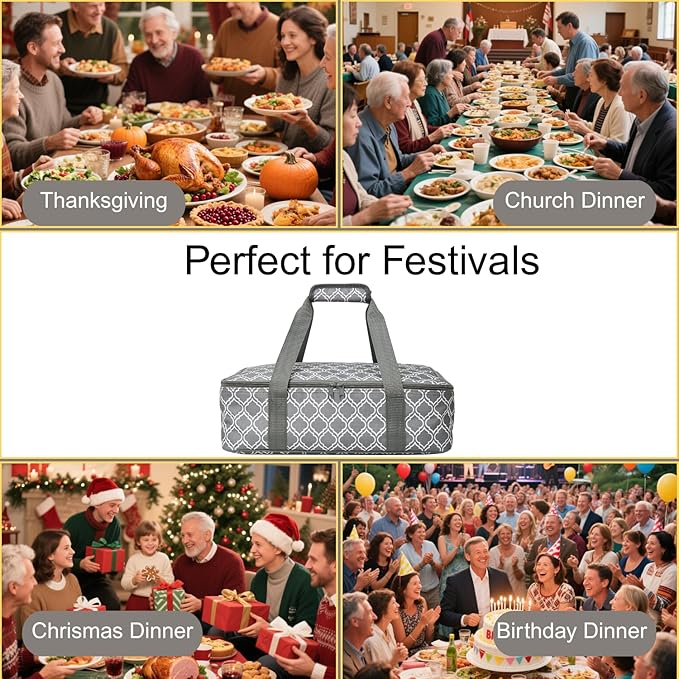 Insulated Casserole Carrier Bag - Portable Reusable Food Transport Tote Bag Fits 9x13" Lasagna Baking Dish Pan to Keep Food Hot/Cold for Gathering/Potluck Parties/Cookout/Camping/Offices-Silver Gray