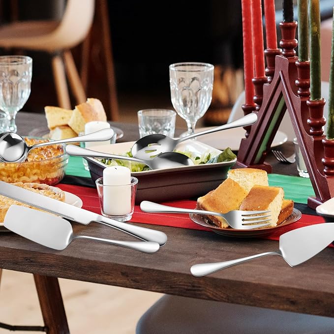 Serving Utensils 7 Pieces Stainless Steel Flatware include Cake Knife Server Large Spoon Spatula Big Fork Pefect For Festival Parties Buffet Catering Silverware