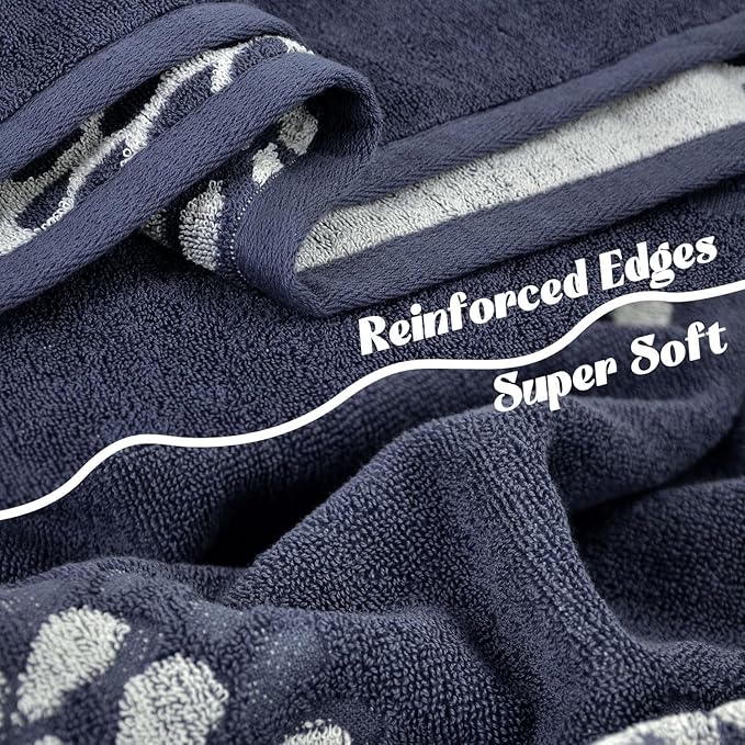 Cute Bath Towels Set of 2 (Denim Blue) - Large 55” x 28”, Decorative Hydrangea Floral Jacquard, Bathroom & Guest Room Decor, Cotton