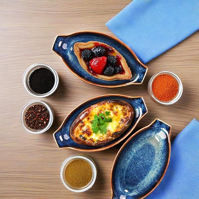 Ceramics Au Gratin baking Dishes Set of 2, Baking Tray Bake ware, 10.5 oz Ramekins, for Pie Pan, Appetizer, Tart, Dessert, Quiche, Oven Small dish, individual dishes Oval 9.3 Inch