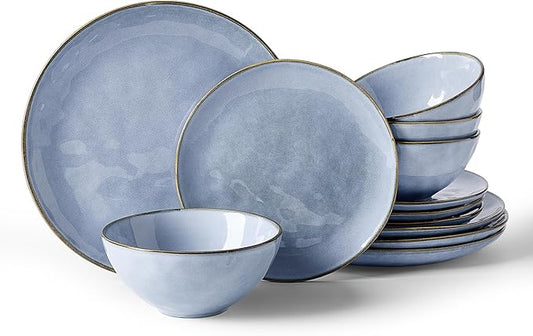 Famiware Dinnerware Sets for 4, Ocean Round 12-Piece Kitchen Plates and Bowls Sets, Reactive Glaze, Microwave and Dishwasher Safe, Scratch Resistant, Blue