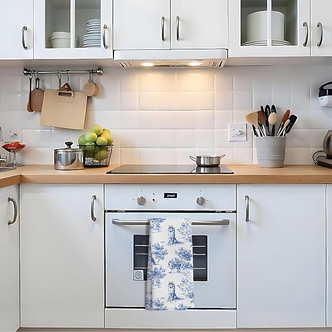 Chinoiserie Husky Dog Kitchen Towels,Blue and White Floral Botanical Husky Grandmillennial Weiner Dog Decorative Hand Towels for Kitchen Bathroom,16x24 Inch