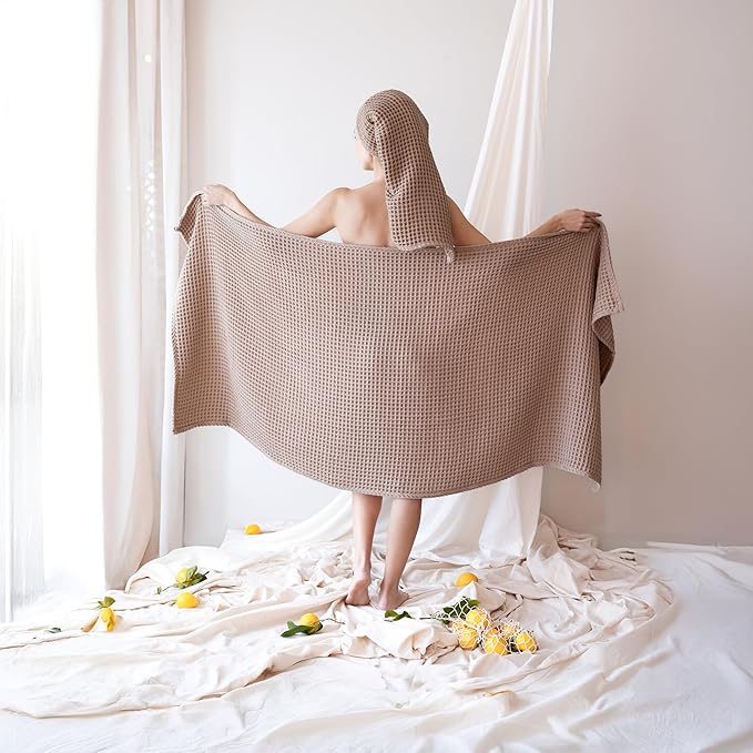 2-Piece Waffle Towels Set for Bathroom Brown - Soft 100% Turkish Cotton Quick-Dry Lint-Free Waffle Weave Thin Bath and Hand Towels (Brown, Set of 2 Mix Towels)