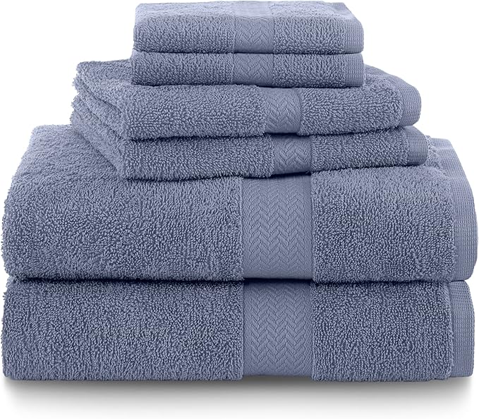 Martex 6-Piece 100% Ringspun Cotton Towel Set | Quick Dry | Super Absorbent & Soft | Lightweight | 2 Bath Towels | 2 Hand Towels | 2 Wash Cloths | Heather Blue
