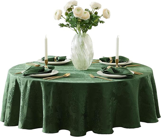 Newbridge Christmas Barcelona Damask Fabric Tablecloth, 70 Inch Round, Hunter Green – No Iron, Soil Resistant Table Cover for Dining, Parties and Holidays