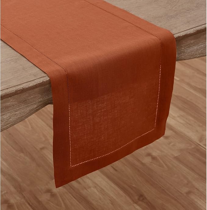 Solino Home Linen Cinnamon Table Runner 132 Inches Long - 100% Pure Linen Extra Long Table Runner 14 x 132 Inch - Classic Hemstitch