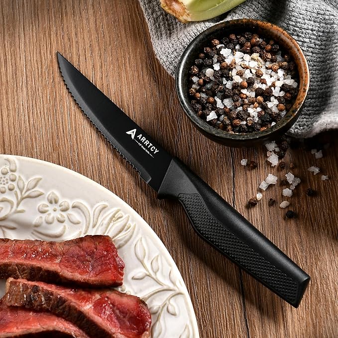 Steak Knives Set of 6;4.5 Inch German Stainless Steel Serrated Steak Knives with Ergonomic Anti-Slip Handles, Dishwasher Safe, Elegant Gift for Holidays (Black)