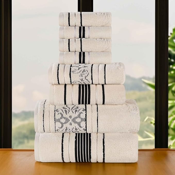 Superior Cotton 8 Piece Assorted Floral Towel Set, Includes 2 Bath, 2 Hand, 4 Washcloth/Face Towels, Quick Dry, Home Essentials, Shower, Spa, Luxury Plush Soft Absorbent Towels, Zero Twist, Ivory