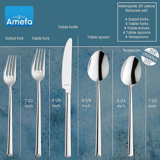 Amefa Metropole 20-Piece Flatware, Set for 4 – Stainless Steel Silverware, High-Gloss Mirror Finish, Rust-Resistant Cutlery with Forks, Knives, Spoons, Salad Forks & Teaspoons for Dining & Home Meals