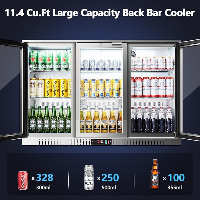 BODEGA BODEGACOOLER Back Bar Cooler With 3 Glass Doors,11.4 Cu.Ft Stainless Steel Commercial Back Bar Fridge with LED Lighting, Counter Height Bar Beverage Cooler for Beer,Soda Drinks,Wine