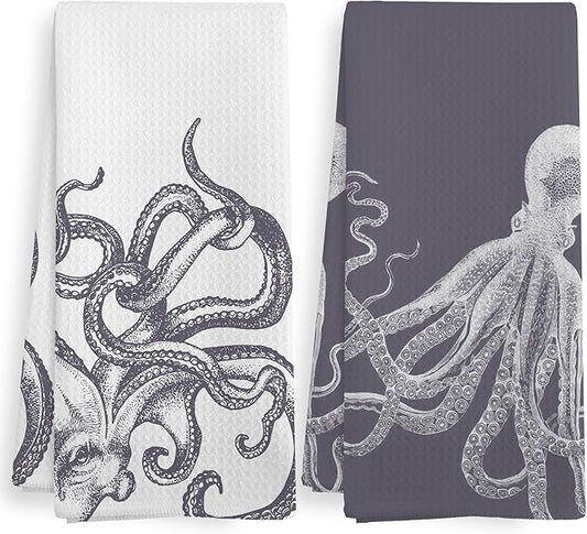 Coastal Grey Octopus Beach Decor Dish Hand Tea Towels for Bathroom Kitchen, Girly Octopus Ocean Nautical Beachy Bathroom Decor, Coastal Kitchen Towels and Dishcloths Sets of 2, 16x24 Inch