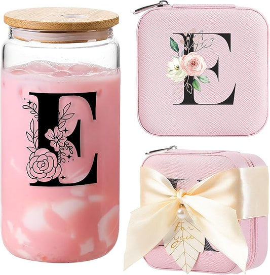 AYGXU Travel Jewelry Cases Organizer,Travel Essentials,Travel Gifts for Women Girls,16oz glass cup with bamboo lid and straw,aesthetic glass cup,Cute Tumbler Cup,Teacher Gifts,Initial E pink